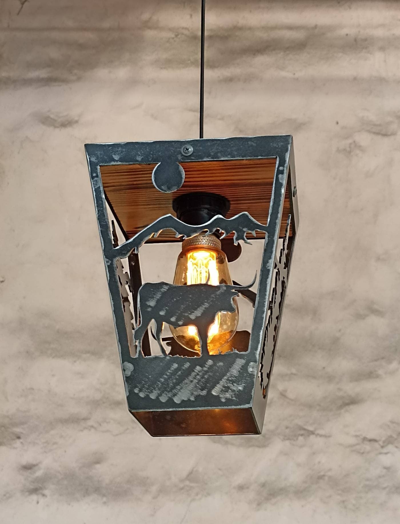 Western longhorn ranch pendant light illuminated amber bulb