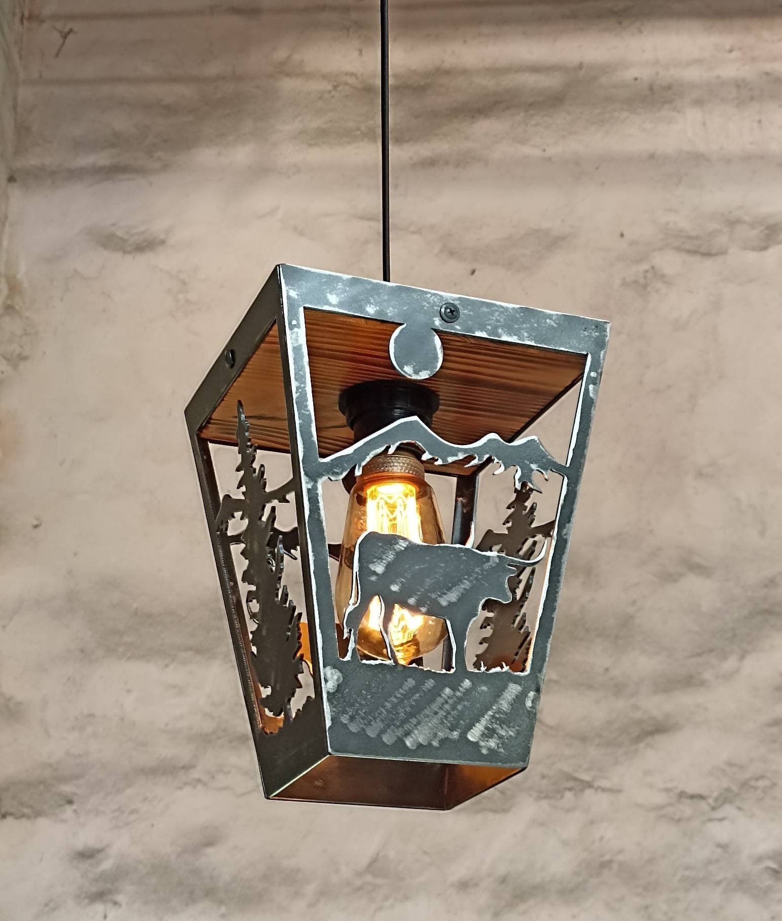 Longhorn western ranch pendant light steel and burnt wood