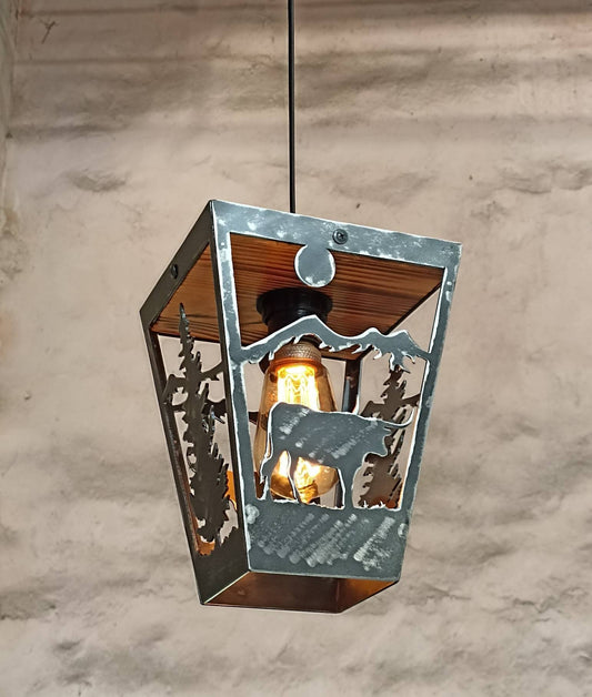 Longhorn western ranch pendant light steel and burnt wood