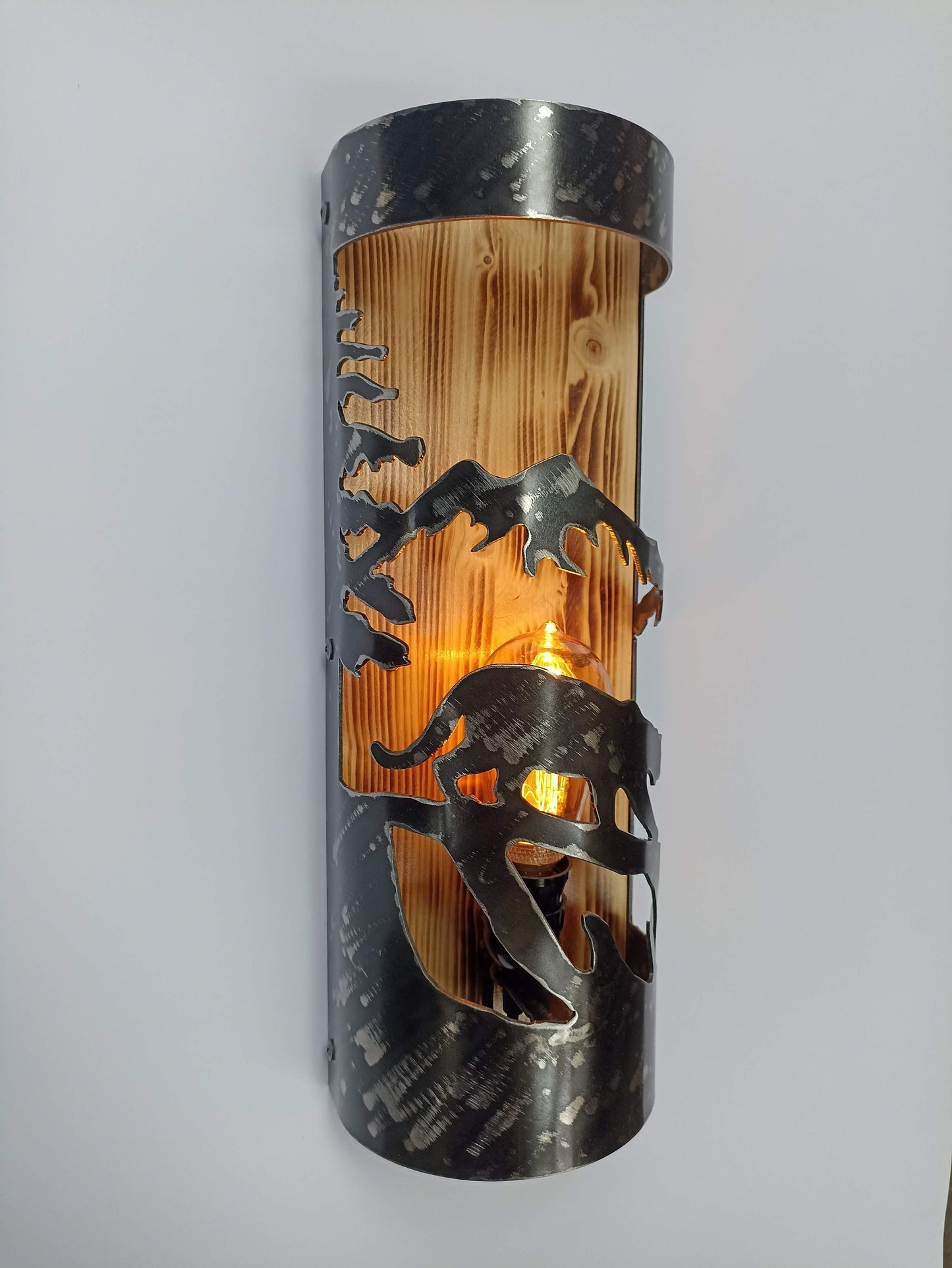 Mountain lion rustic wall sconce brushed steel and wood