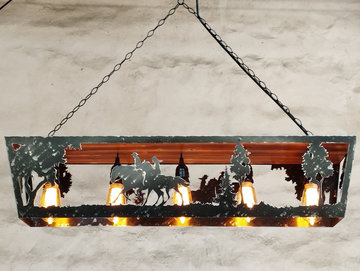 Horse riders rustic farmhouse ceiling light steel and wood