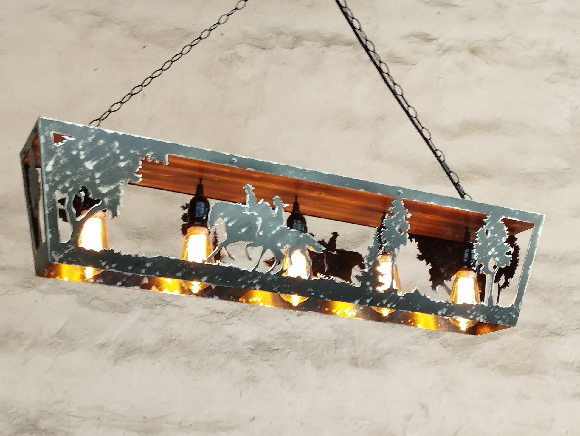 Rustic horse riders farmhouse light fixture illuminated