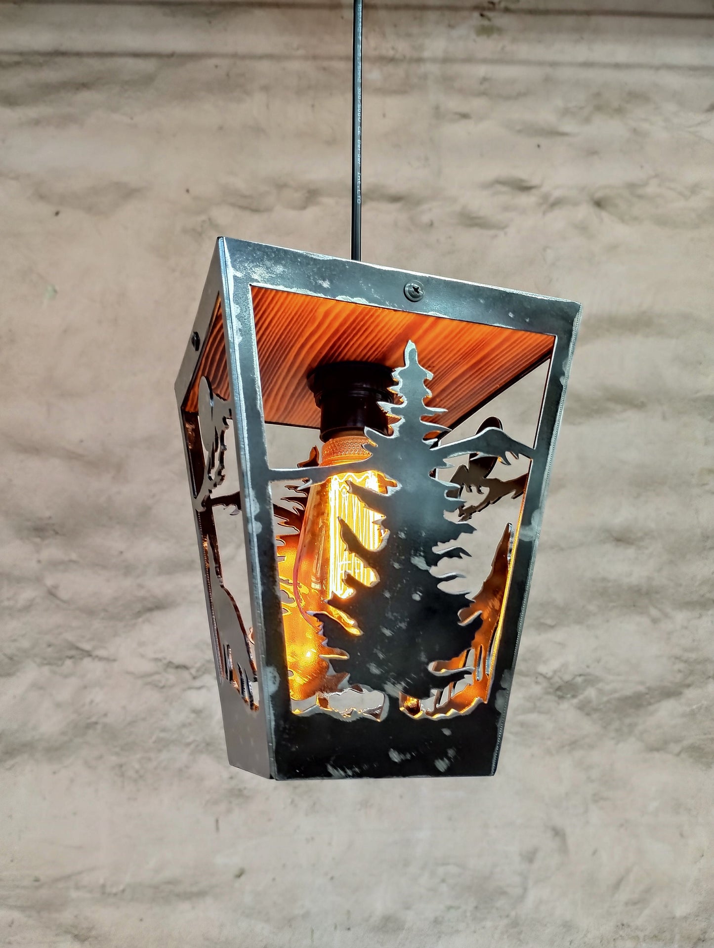 Rustic wolf cabin ceiling pendant light handmade