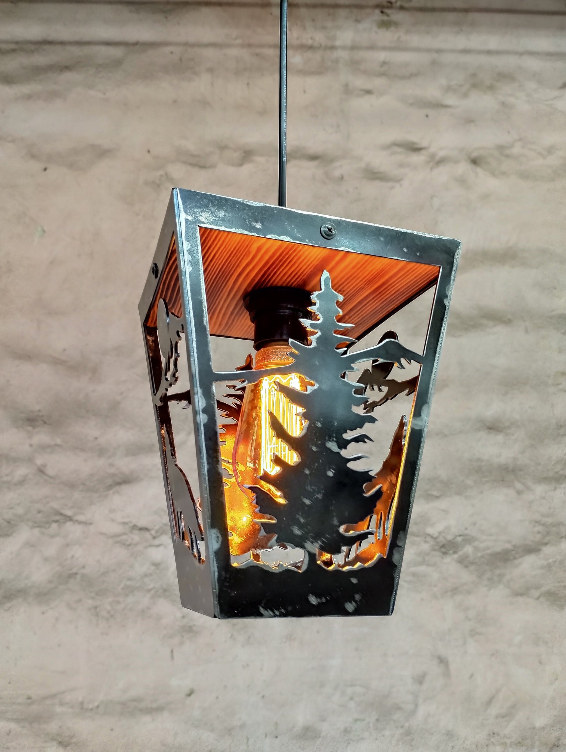 Rustic wolf cabin ceiling pendant light handmade