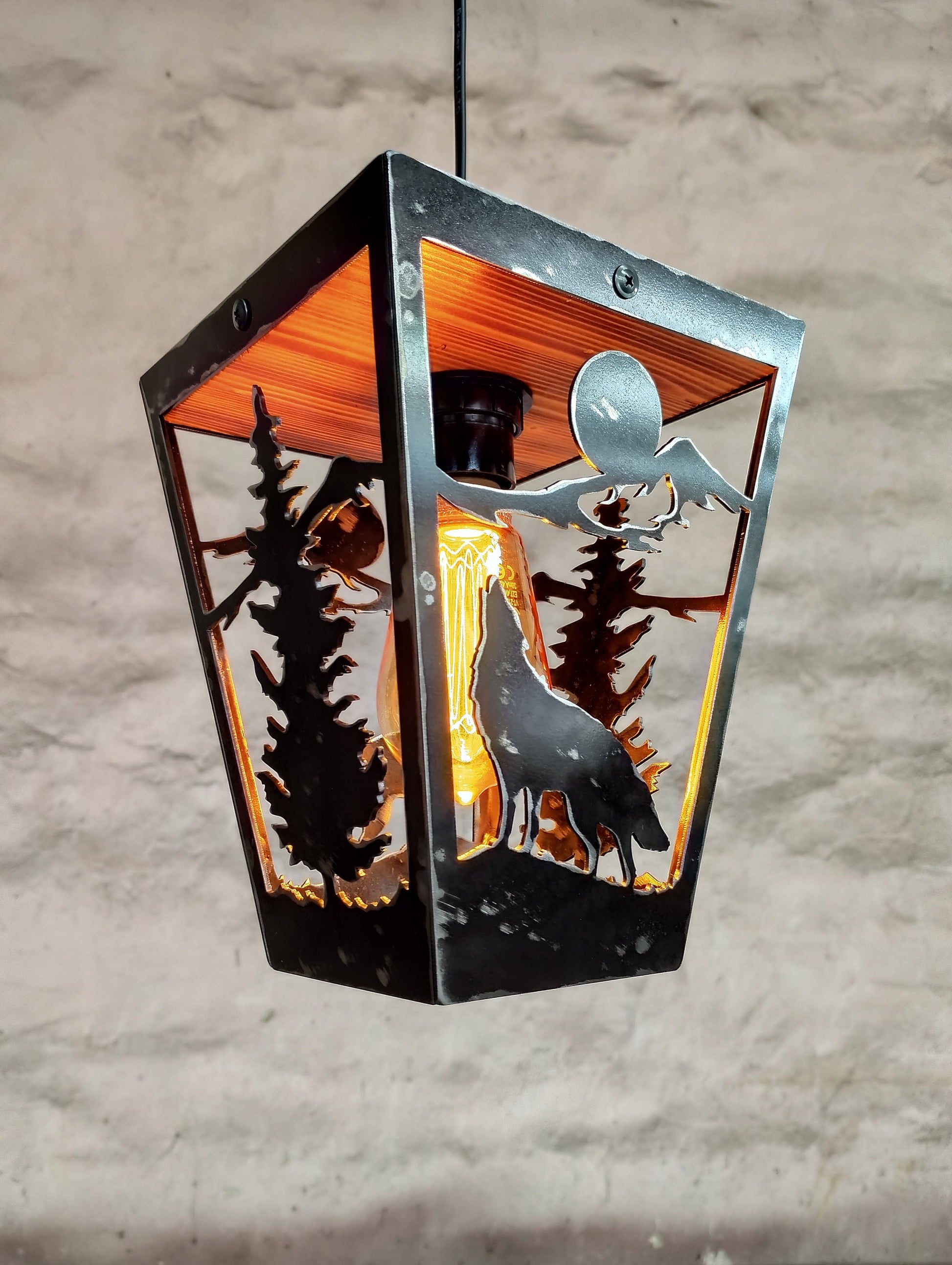 Wolf wildlife pendant light steel and burnt wood
