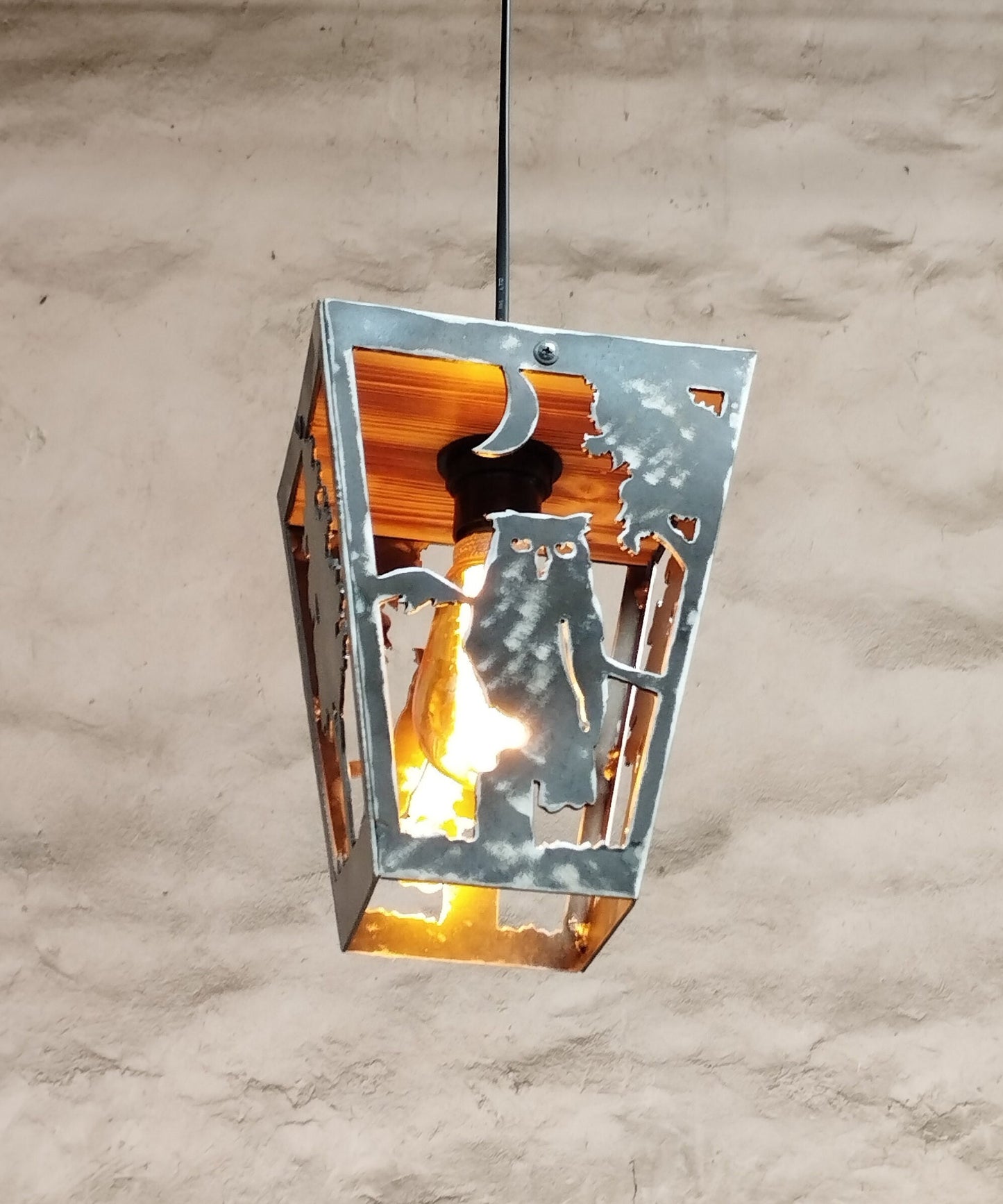 Rustic owl cabin ceiling pendant light handmade