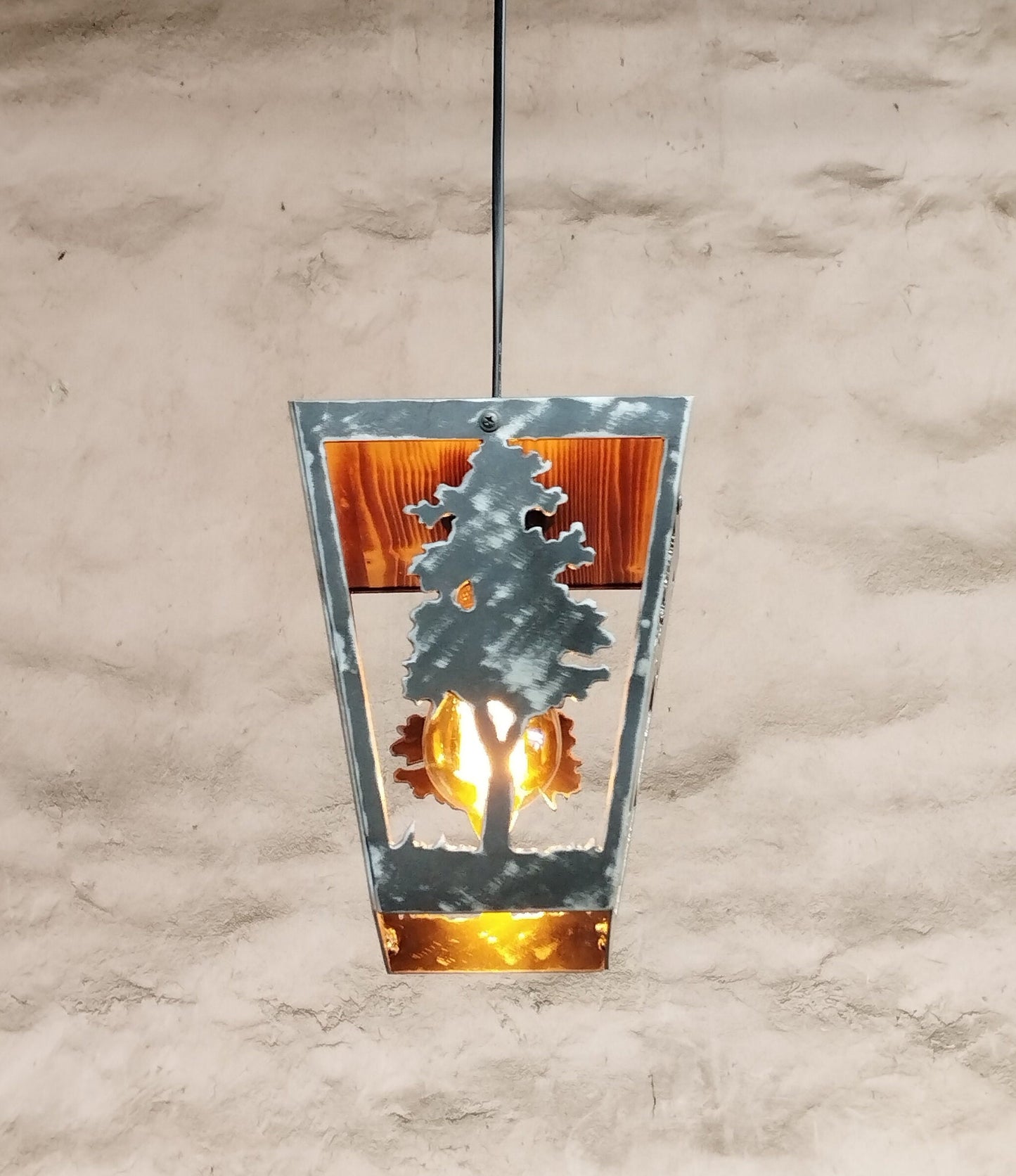 Owl woodland pendant light steel and burnt wood