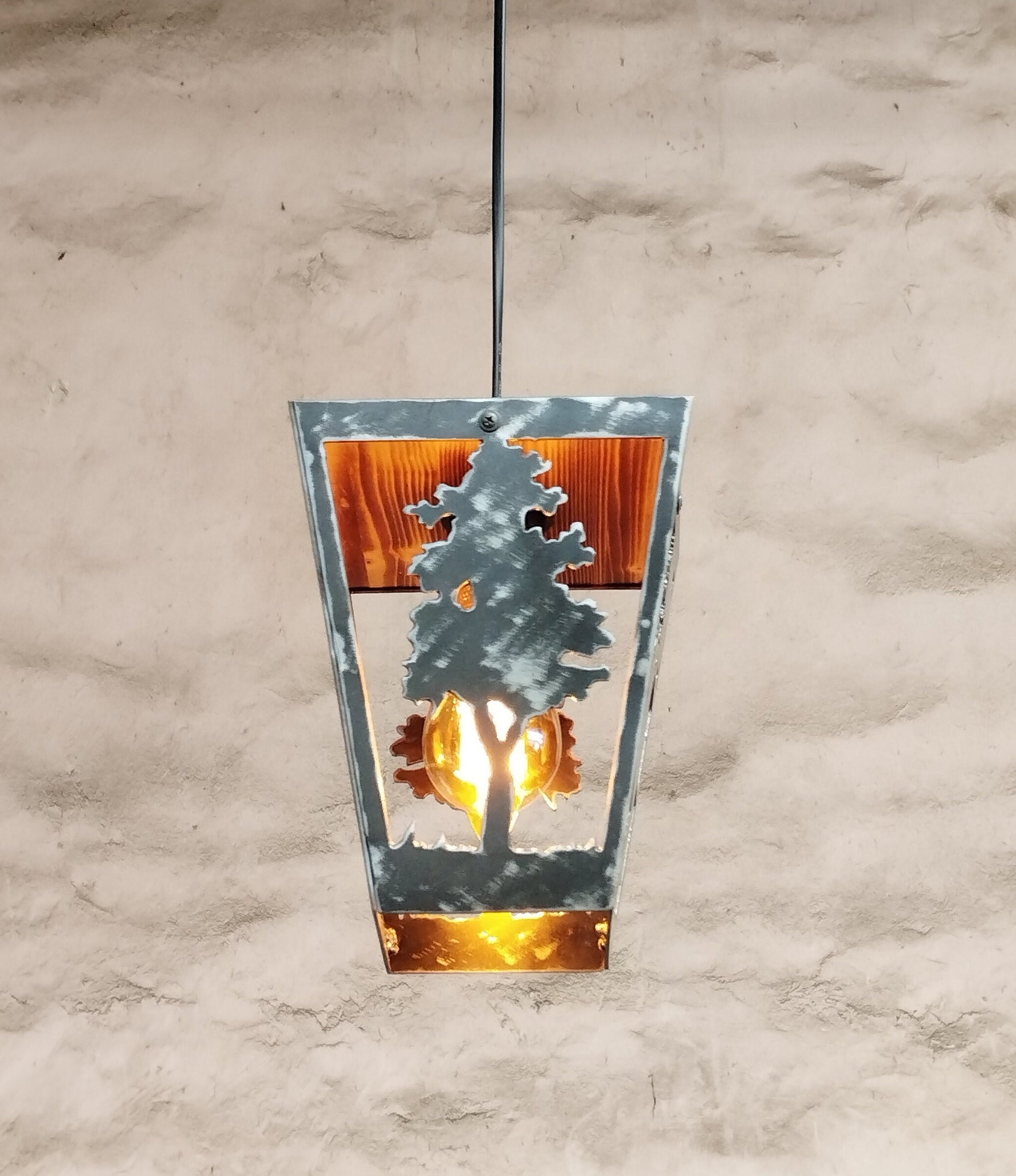 Owl woodland pendant light steel and burnt wood