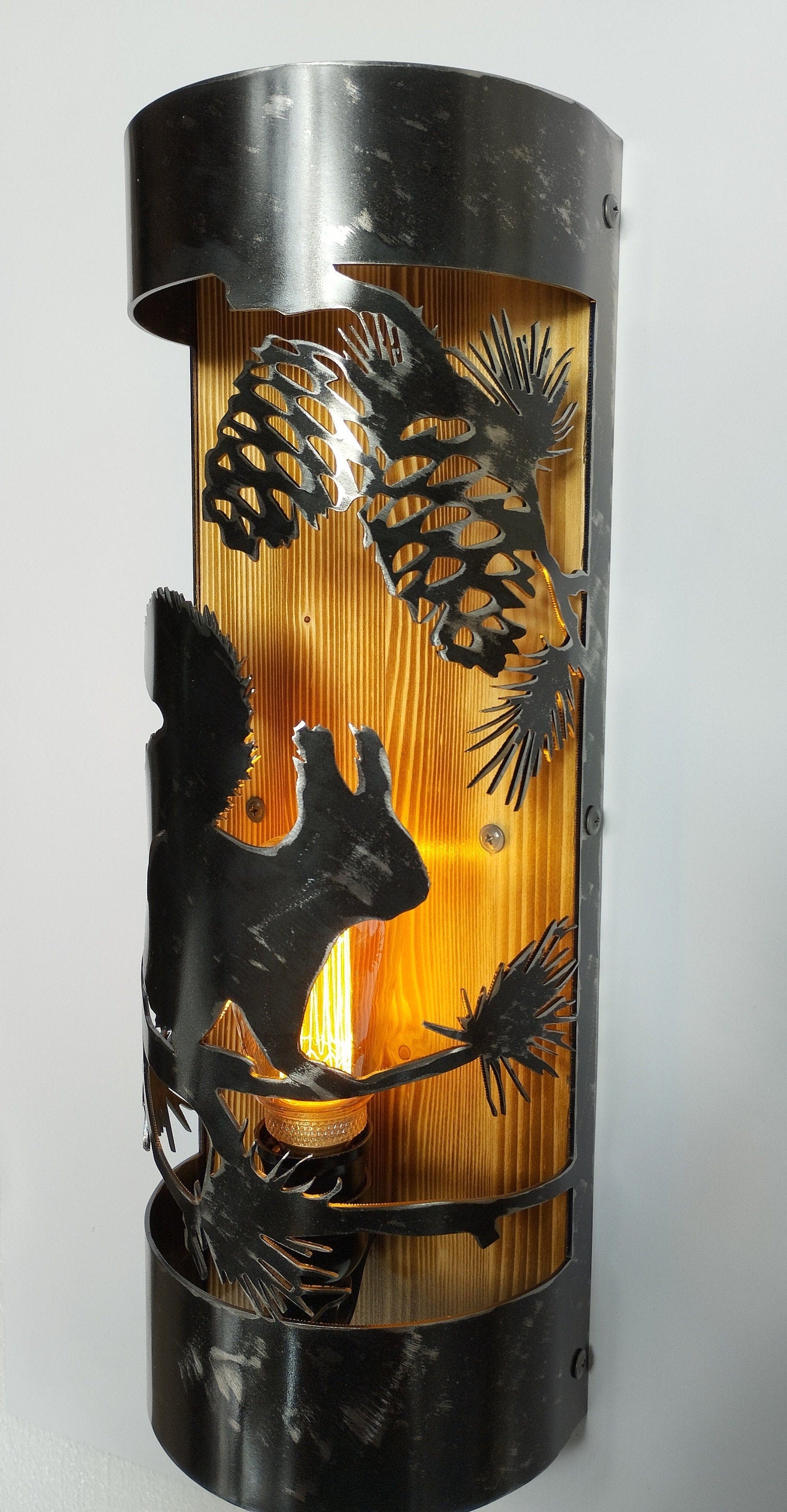 Woodland squirrel log house wall light handmade